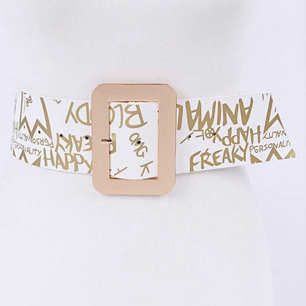 White Gold Graffiti Printed Fashion Wide Statement Belt